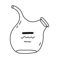 Cute doodle laboratory beaker with spout and cork for chemical solutions and reagents. Round flask for science experiment, chemistry, biology tests. Hand drawn lab glassware isolated on white. vector