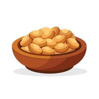 Top view of a wooden bowl filled with whole peanuts in shells flat illustration white background vector