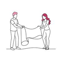 Man and woman are collaboratively holding a large roll of paper, showcasing teamwork and shared effort. continuous line art flat illustration white background vector