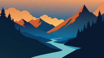 Sunlit mountain stream flows through rugged terrain, surrounded by majestic peaks and lush greenery flat illustration. vector