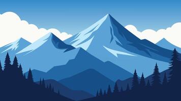 Picturesque snowy mountain range adorned with evergreen trees and wispy clouds drifting across the sky flat illustration vector