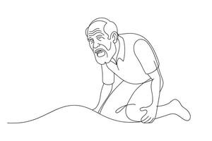 Old man Contorted from severe pain Continuous line art white background. vector