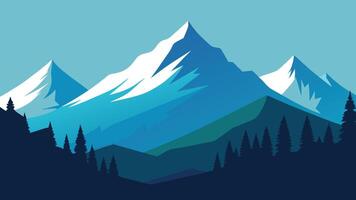 Snowy mountain range rises majestically, framed by evergreen trees in the foreground, creating a serene winter scene flat illustration. vector