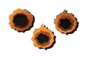 Close up of three burnt holes on wrinkled brown paper, showing scorched edges set flat illustration white background vector