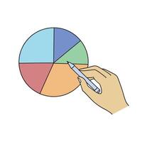 Hand holds a pie chart while another hand grips a pen, symbolizing data analysis and note-taking isolated doodle flat illustration on white background. vector