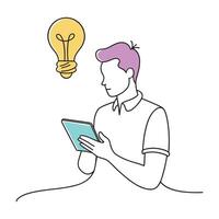man holding a tablet, contemplating an illuminated light bulb continuous line art flat illustration white background. vector