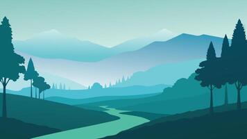 Landscape featuring lush trees shrouded in a gentle fog, creating a tranquil and picturesque scene flat illustration. vector