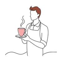 Man in an apron stands holding a steaming cup of coffee, ready to serve or enjoy a warm beverage continuous line art flat illustration white background. vector