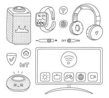 Cute doodle set with entertainment smart devices controlling via mobile phone. Hand drawn virtual AI voice assistant, smart TV, wireless headphones. Intelligence machine to get multimedia isolated vector