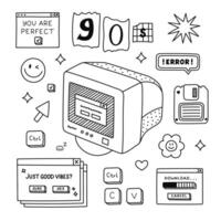 Cute doodle Y2k set with technology symbols from 90s, 00s. Retro aesthetic clipart of old PC, window interface, buttons, vintage floppy disk. Nostalgia for 1990s vibe collection isolated on white vector