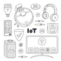 Cute doodle set of smart devices for entertainment, cleaning house, regulate temperature and light, secure home. Hand drawn intelligence machine with remote control via telephone. Internet of things vector