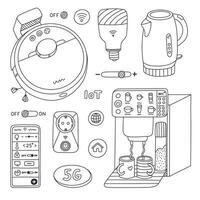 Cute outline set with smart devices for remote housework, coffee making, control light via smartphone. Hand drawn intelligence machine connected to network. Internet of things isolated collection. vector