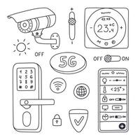 Cute doodle set with security smart devices for home safety, surveillance, controlling via telephone. Hand drawn security camera, intelligence door lock, remote thermostat to protect property, house. vector
