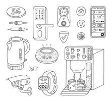 Cute outline set of smart devices for entertainment, cook, secure home. Hand drawn intelligence machine with remote control via telephone, voice assistant. Internet of things isolated on background. vector