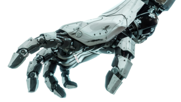 Detailed closeup of futuristic robot hand showcasing advanced mechanical engineering with articulated fingers, on transparent background. Cut out robotic hand taking something. png