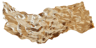 Abstract golden fabric-like material with flowing, reflective surface, on transparent background. Elegant fluid, luxurious metallic textile. Flowing gold. Cut out graphic design element. 3D png