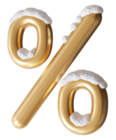 Golden percentage sign covered with snow, on transparent background. Perfect for winter-themed promotions, holiday discounts, and festive sales campaigns. Christmas, New year sale. 3D render. png