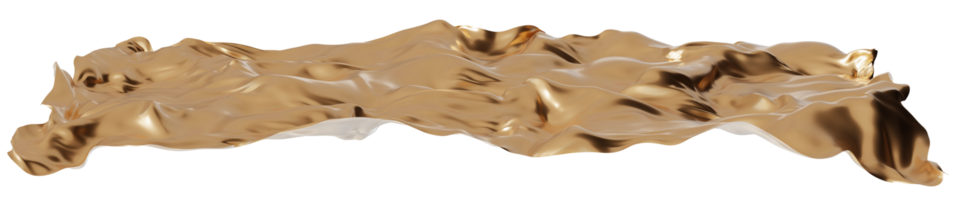 Abstract golden fabric-like material with flowing, reflective surface, on transparent background. Elegant fluid, luxurious metallic textile. Flowing gold. Footer or header. 3D render. png