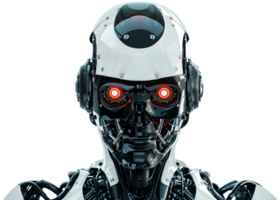 Futuristic robotic head with intricate mechanical details, on transparent background. Ideal for technology-related projects, AI concepts, robotics and futuristic designs. Cut out. png