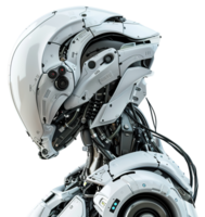Futuristic robotic head with intricate mechanical details, on transparent background. Ideal for technology-related projects, AI concepts, robotics and futuristic designs. Cut out. png