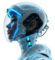 Futuristic humanoid robot in high-tech helmet with blue neon lights and intricate circuitry, on transparent background. Perfect for use in AI, robotics, sci-fi, technology themes. png