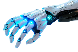 Futuristic robot hand showcasing advanced mechanical engineering with articulated fingers and illuminated joints, on transparent background. Cut out robotic hand. png