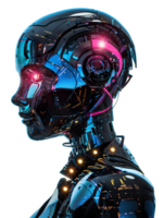 Futuristic humanoid robot with glowing pink and blue lights, sleek metallic surfaces, on transparent background. Perfect for AI, robotics, sci-fi, and advanced technology themes. png