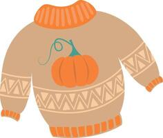 An illustration of a warm knitted sweater with a pumpkin. Beige knitted sweater with pumpkin. Illustrations for websites, advertisements, calendars, booklets, design vector