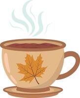 illustration of a coffee or tea mug with a saucer. A coffee cup with an image of a maple leaf. Scandinavian beverage tableware with a handle. Flat illustration vector
