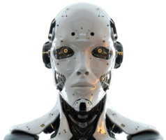 Futuristic robotic head with intricate mechanical details, on transparent background. Ideal for technology-related projects, AI concepts, robotics and futuristic designs. Cut out. png