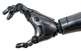Detailed closeup of futuristic robot hand showcasing advanced mechanical engineering with articulated fingers, on transparent background. Cut out robotic hand taking something. png