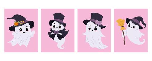 Kids Halloween character. Set of cute ghosts isolated on coloured background. Ghosts in different Halloween costumes. Flat illustration in hand drawn style. vector