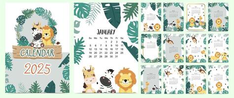 2025 table monthly calendar week start on Sunday with safari style that use for vertical digital and printable A4 A5 size vector