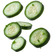 Falling cucumber pieces . Cucumber slices falling from the top for organic vegetable campaign full of vitamins. Cucumber slices flying . Cucumber pieces falling isolated png
