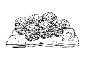 Japanese food maki sushi roll set on ceramic plate with raw fish salmon unagi tuna crab cucumber kappa wasabi, hand drawn in pen and ink. Illustration for restaurant, cafe menu, recipe book vector