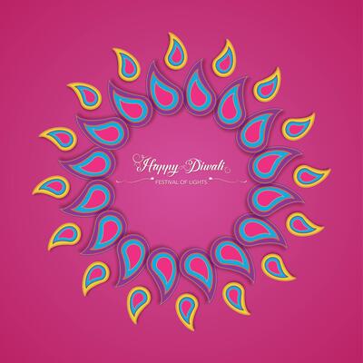 Happy Diwali Festival of Lights India Celebration colorful template. Graphic banner design of Indian Diya Oil Lamps Mandala, paper cut border frame design. festive isolated purple background