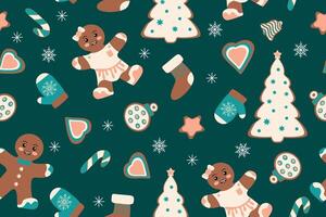 Winter seamless patterns with gingerbread cookies. Awesome holiday background. Christmas repeating texture for surface design, wallpapers, fabrics, wrapping paper etc. illustration vector