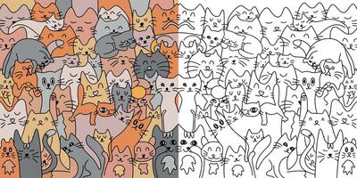 Lots of cute cats. Background from cats. Coloring. illustration. Cute and funny cats doodle set. Cartoon cat or kitten characters design collection with flat color in different poses. vector