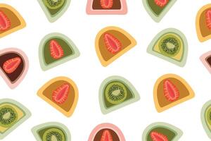 Seamless pattern. Beautiful mochi with strawberries and matcha. Traditional Japanese sweets. Asian desserts. Colored mochi with different fillings. vector
