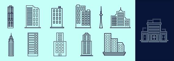 Buildings LINE icon set for presentation, explanation, marketing. Building silhouettes of flats, offices, commercial, residential and many more. Editable outline, size and color. vector