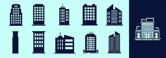 Buildings SOLID icon set for presentation, explanation, marketing. Building silhouettes of flats, offices, commercials and many more. Change to any size and any colour. Editable outline. vector