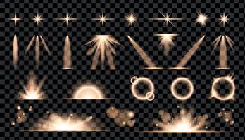 Gold light effect set. Glow isolated transparent lights, lens flare, explosion, glitter and dust, spark and stars, spotlight and frames, sunbursts. Abstract effect. vector