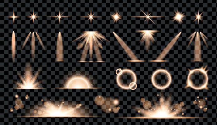 Gold light effect set. Glow isolated transparent lights, lens flare, explosion, glitter and dust, spark and stars, spotlight and frames, sunbursts. Abstract effect.