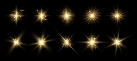 Set of golden glowing sparkles and stars, shining bursts with glitters and sequins around. Group of light effects on the black background. illustration. vector