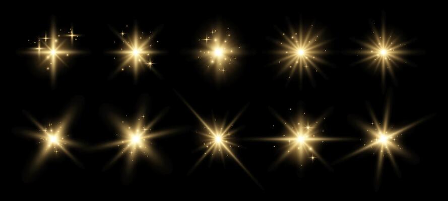 Set of golden glowing sparkles and stars, shining bursts with glitters and sequins around. Group of light effects on the black background. illustration.
