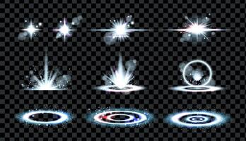Silver decorative glow of various forms, similar to twinkling stars, sparks, lights, flashes and light from lighting fixtures, spotlights, rays of light. illustration. vector