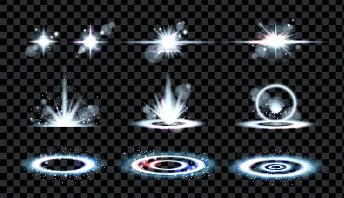 Silver decorative glow of various forms, similar to twinkling stars, sparks, lights, flashes and light from lighting fixtures, spotlights, rays of light. illustration.