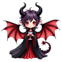 Chibi dragon girl vampire with red wings, horns, and gothic outfit holding a chalice in fantasy anime style png
