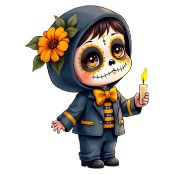 süß Junge mit Zucker Schädel bilden im Kapuzenpullover halten Kerze, dia de los Muertos Illustration png