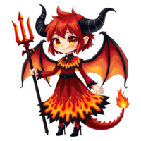 Chibi dragon girl with fiery red wings, horns, and trident in flame-themed dress in fantasy anime style png